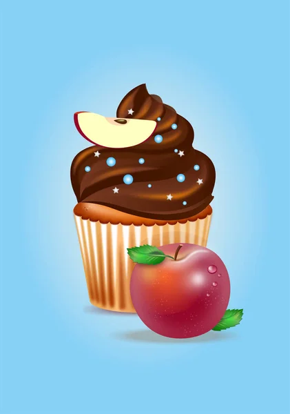 巧克力奶油蛋糕和苹果片 — 图库矢量图片