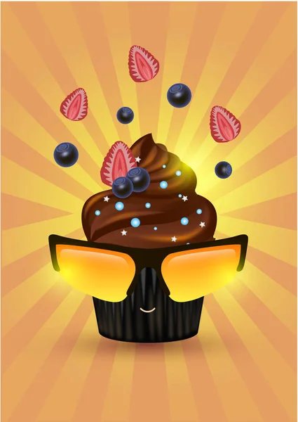 太阳镜中的浆果巧克力蛋糕 — 图库矢量图片