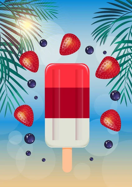 여름의 배경에 딸기와 막대기에 아이스크림 — 스톡 벡터
