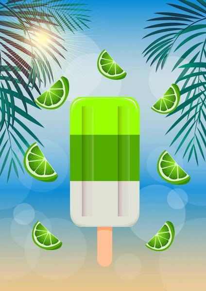 Ice Cream Stick Lime Background Beach — Stock Vector