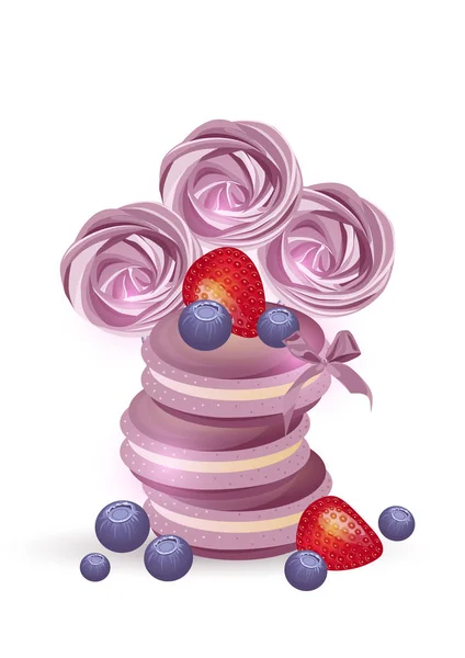 Macarons Med Jordgubbar Blåbär Och Maräng — Stock vektor