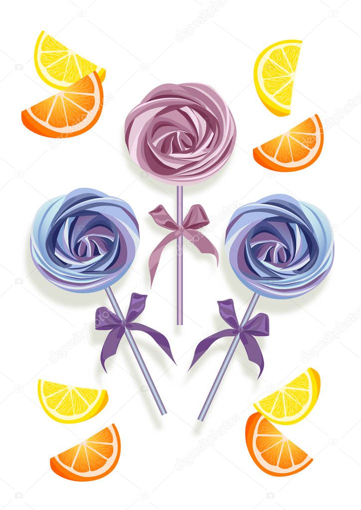 meringues on a stick with oranges on a light background