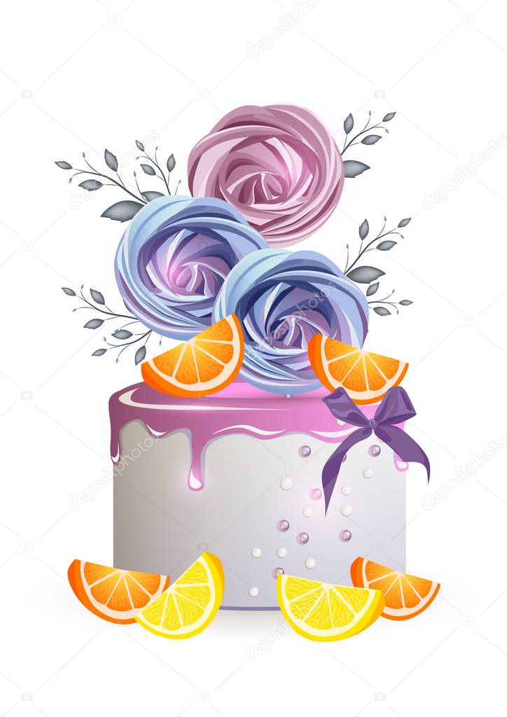 cake with meringues and oranges, painted with sprigs