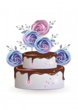 two-tier cake with chocolate icing, meringues, decorated with sprigs clipart