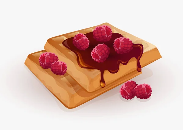 Waffles Chocolate Icing Raspberries — Stock Vector