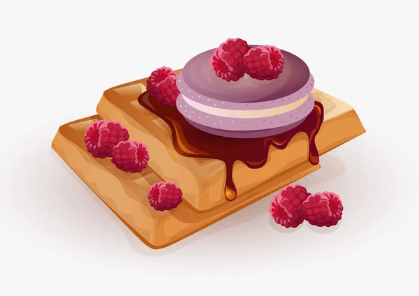 Gaufres Chocolat Framboises Macarons — Image vectorielle