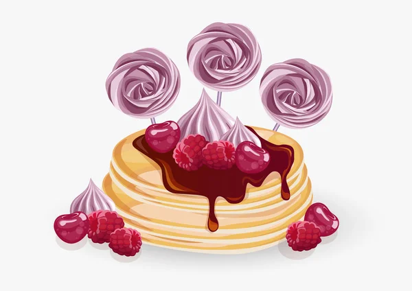 Pancakes Berries Whipped Cream Meringues Light Background — Stock Vector
