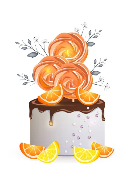 Beau Gâteau Avec Glaçage Chocolat Oranges Décoré Avec Meringue Brindilles — Image vectorielle