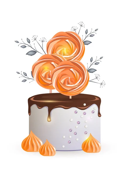 明るい背景にメレンゲと小枝で飾られたチョコレートアイシングの美しいケーキ — ストックベクタ
