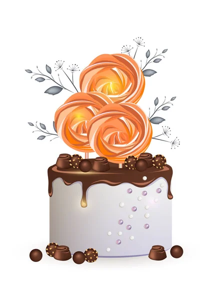 明るい背景にメレンゲと小枝で飾られたチョコレートアイシングとお菓子と美しいケーキ — ストックベクタ