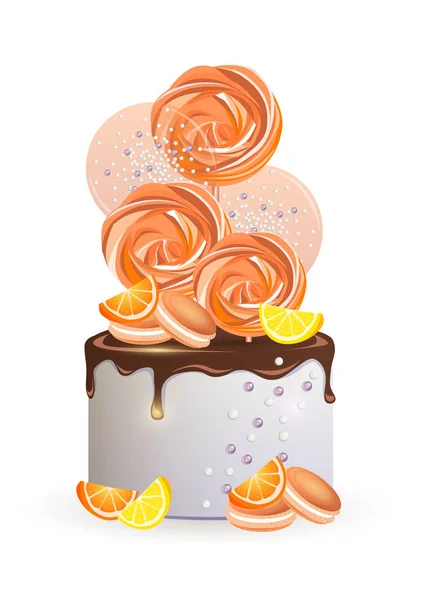 明るい背景にメレンゲで飾られたチョコレートアイシング オレンジ マカロンケーキの美しいケーキ — ストックベクタ