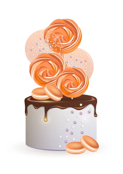 Vacker Tårta Med Chokladglasyr Och Mandelbiskvier Dekorerad Med Maräng Ljus — Stock vektor