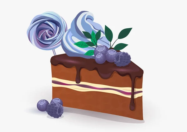 ブルーベリー ブラックベリー チョコレートアイシングのケーキ 明るい背景にメレンゲで飾られた — ストックベクタ