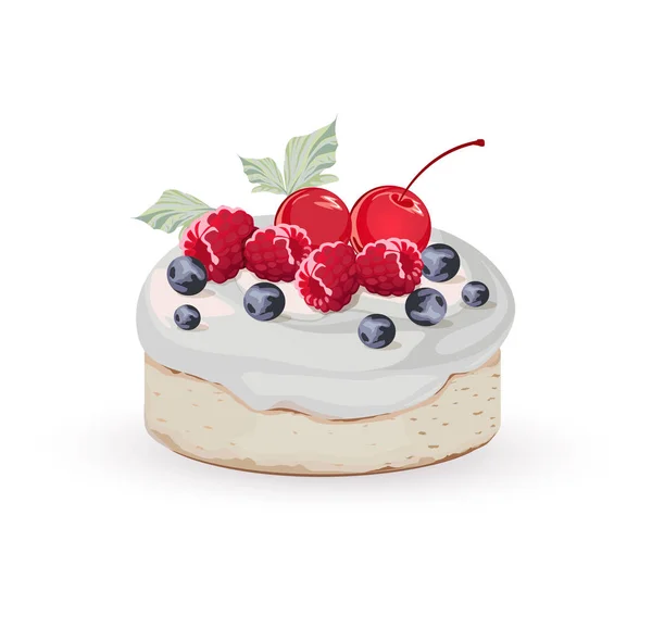 Sponge Cake Cream Raspberries Blueberries Cherries Light Background — Stock Vector