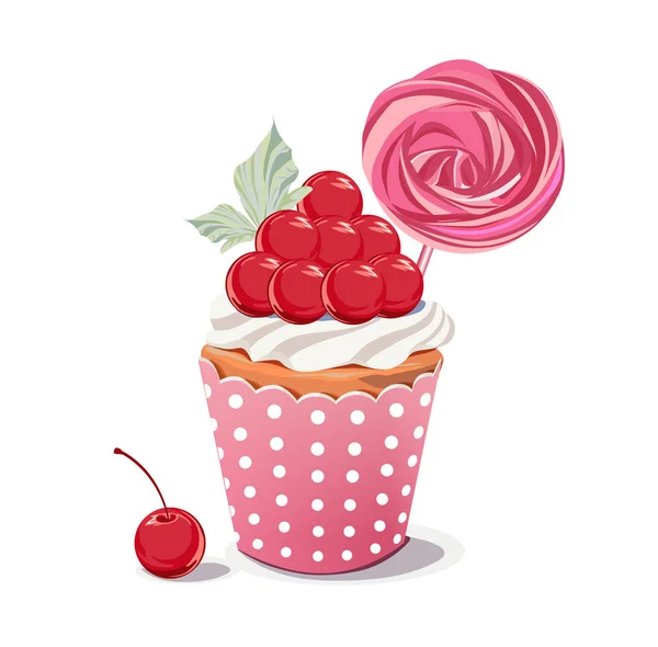 Délicieux Cupcake Crème Aux Baies Décoré Meringues Brindilles — Image vectorielle