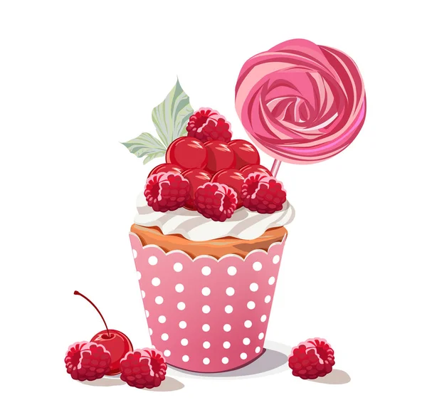 Delicious Cupcake Cream Berries Decorated Meringues Sprigs — Stock Vector