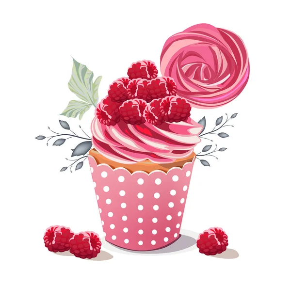 Delizioso Cupcake Con Panna Bacche Decorato Con Meringhe Rametti — Vettoriale Stock