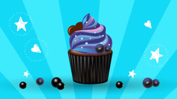 Blueberry Chocolade Cake Een Blauwe Achtergrond Met Bewegende Elementen — Stockvideo