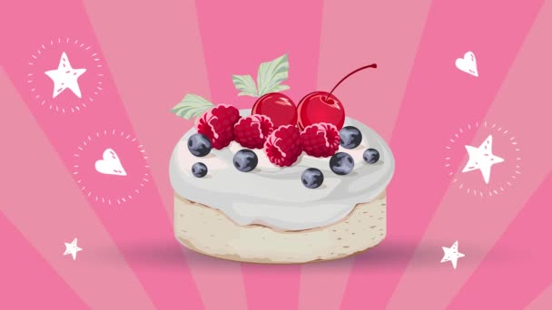 Vector Cake Berries Cream Pink Background — Stock Video