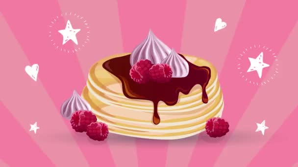 Crêpes Vectorielles Aux Framboises Chocolat Sur Fond Rose — Video