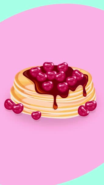 动画背景上带有樱桃和巧克力的煎饼 — 图库视频影像