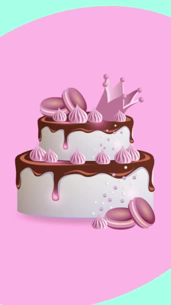 Appetitliche Festliche Torte Mit Schokoladenglasur Verziert Mit Baiser Auf Animiertem — Stockvideo
