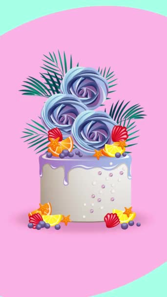 在动画背景上装饰有梅林格 浆果和棕榈枝的迷人节日蛋糕 — 图库视频影像