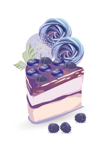 メレンゲで飾られたブルーベリーとジャムとおいしいベクトルケーキ — ストックベクタ