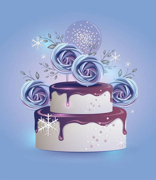 メレンゲと雪片で飾られたベリーアイシングの美しいクリスマスケーキ — ストックベクタ