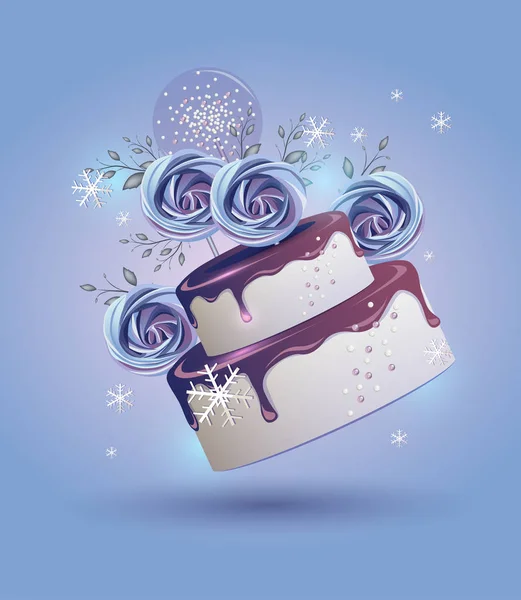 メレンゲと雪片で飾られたベリーアイシングの美しいクリスマスケーキ — ストックベクタ