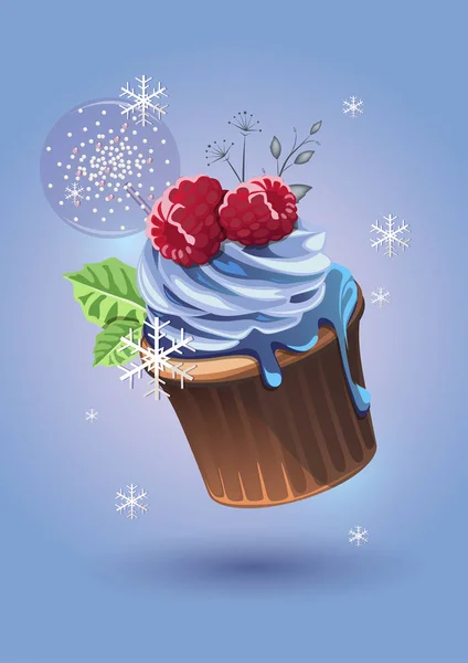 Gâteau Chocolat Noël Avec Crème Framboises Bonbons Sur Fond Bleu — Image vectorielle