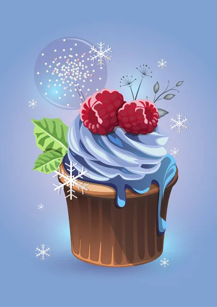 青い背景にクリーム ラズベリーとキャンディーとクリスマスチョコレートケーキ — ストックベクタ