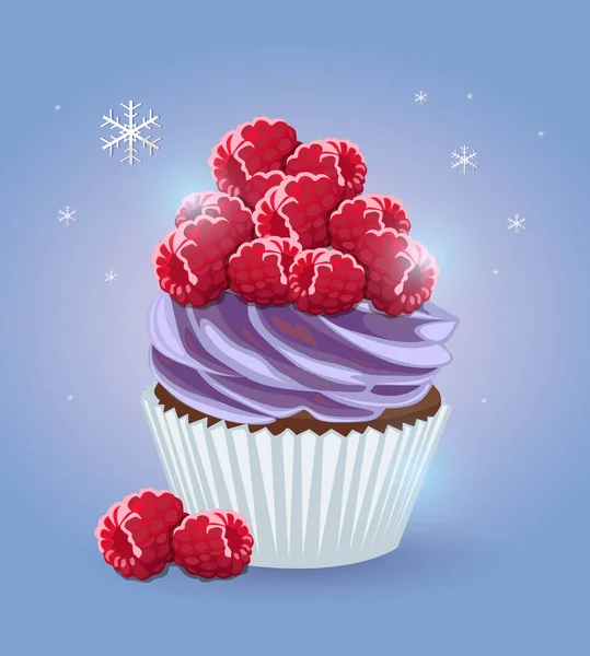 Schöner Vektor Cupcake Mit Sahne Und Beeren Auf Winterlichem Hintergrund — Stockvektor