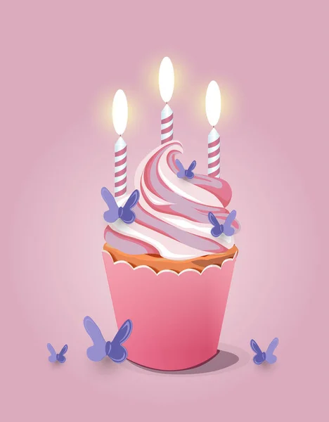 Beautiful Vector Positive Cupcake Cream Candle Butterflies Pink Background — Stock Vector
