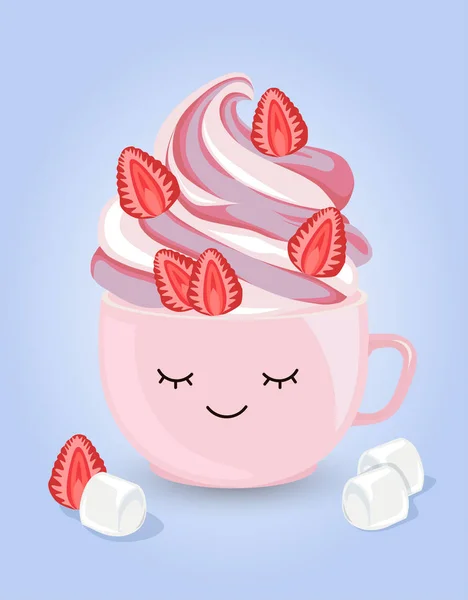 可爱的矢量甜点在一杯与草莓在蓝色背景 — 图库矢量图片