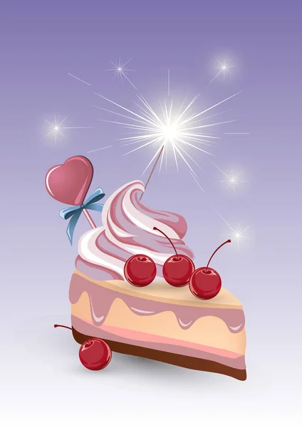 Delicious Vector Slice Cake Cherry Cream Sparkler — Stock Vector