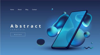 Cep telefonu, yüzen hacim topları ve sıvı damlaları ile trend vektör tasarımı