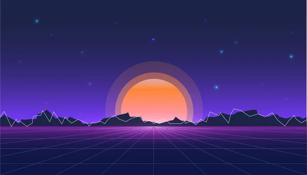 Ilustración Vectorial Con Paisaje Espacial Futurista Durante Puesta Del Sol — Vector de stock