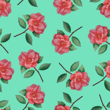 Turkuaz arka planda kırmızı kamelya deseni