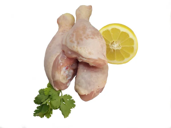 Jambes Poulet Isolées Sur Fond Blanc Avec Persil Citron — Photo