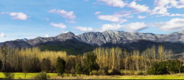 Ağaçlar ve mavi gökyüzü ile dağların panoramik manzara. Panoramik Sierra de Gredos, İspanya