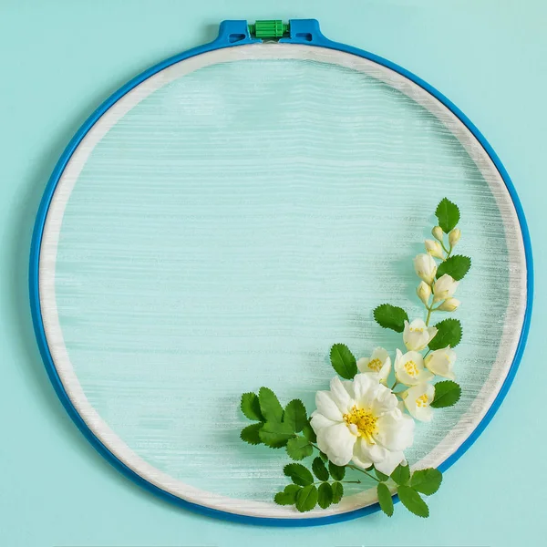 Hímzés Hoops Pasztell Kék Alapon Fehér Virág Elrendezése Kreatív Ünnepi — Stock Fotó
