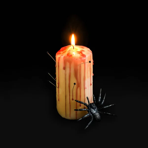 ハロウィンの手作りインテリア キャンドル赤ブルックスと血と黒の背景の上に蜘蛛のような滴針で穴を開けた 最小限のスタイル オリジナル デザイン — ストック写真