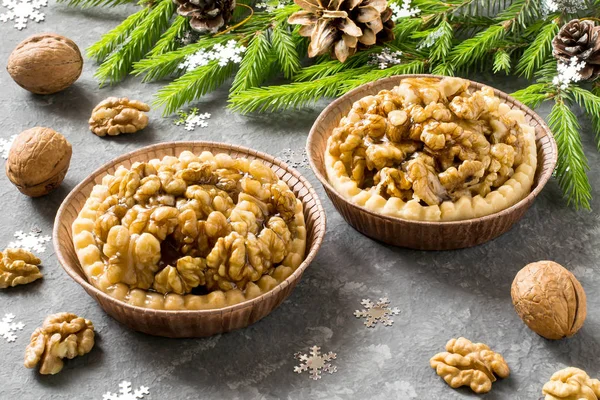 Two Nut Cakes Lemon Jam Caramelized Walnuts Decorated Christmas Tree — Stock Photo, Image
