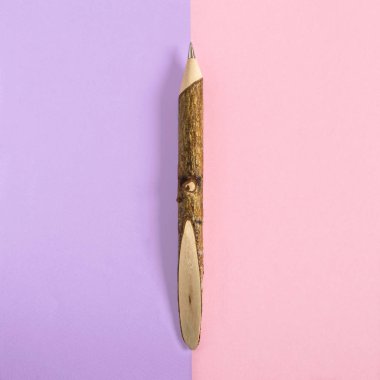 Tükenmez kalem ile kabuk iki renkli arka plan üzerinde ağaç dalından. En az tarzı. Kopya alanı, üstten görünüm