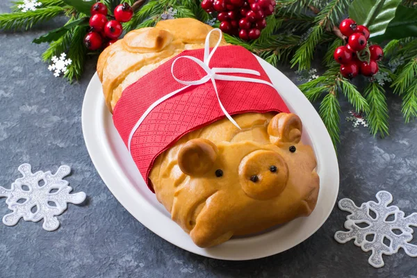 Deliziosa Torta Con Carne Forma Maiale Divertente Entro Capodanno 2019 — Foto Stock