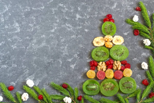 Tło Uroczysty Choinki Kolorowy Kandyzowane Owoce Orzechy Boże Narodzenie Nowy — Zdjęcie stockowe