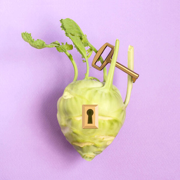 Феллайни с замком и ключом на патетическом фоне. Минимальный стиль. Творческая идея, воображение и фантазия. Оригинальная концепция питания: ключ к питанию и здоровому питанию
