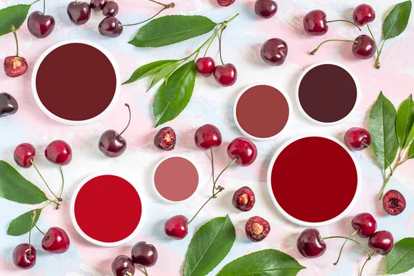 Fresh ripe sweet cherry and color samples. Natural color palette. Shades of red. Discover color. Place for inscriptions. Top view