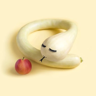 Dekoratif kabak yılan ve apple şeklinde. Apple'nın yardımıyla Havva yılan tarafından iğfal İncille hikaye mecazi tasviri. Yaratıcı bir fikir, hayal ve fantezi. En az stili